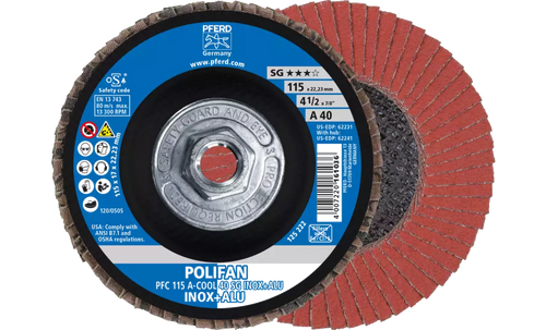 Pferd 62241 Polifan Flap Disc | 4-1/2" Diameter | 5/8-11" Arbor Hole | Aluminum Oxide 40 Grit | Type 29 | Sold by Box of 10