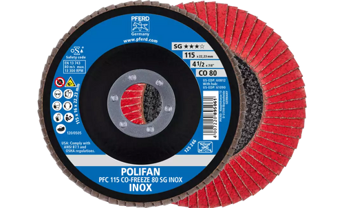 PFERD 60812 Polifan Flap Disc | 7/8" Arbor Hole | 4-1/2" Diameter | Ceramic Oxide 80 Grit | Conical | Sold by Box of 10 PFERD 60812 Polifan Flap Disc | 7/8" Arbor Hole | 4-1/2" Diameter | Ceramic Oxide 80 Grit | Conical | Sold by Box of 10