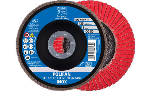PFERD 60814 Polifan Flap Disc | 7/8" Arbor Hole | 5" Diameter | Ceramic Oxide 50 Grit | Conical | Sold by Box of 10 PFERD 60814 Polifan Flap Disc | 7/8" Arbor Hole | 5" Diameter | Ceramic Oxide 50 Grit | Conical | Sold by Box of 10
