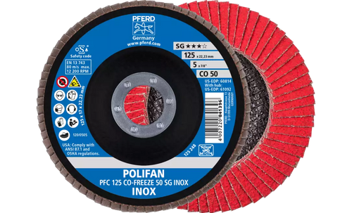 Pferd 60814 Polifan Flap Disc | 7/8" Arbor Hole | 5" Diameter | Ceramic Oxide 50 Grit | Type 29 | Sold by Box of 10