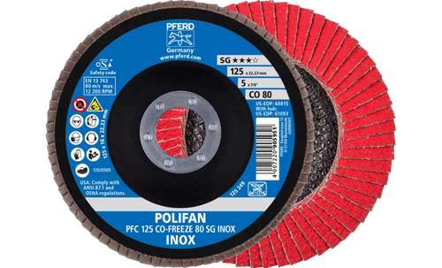 Pferd 60815 Polifan Flap Disc | 7/8" Arbor Hole | 5" Diameter | Ceramic Oxide 80 Grit | Type 29 | Sold by Box of 10