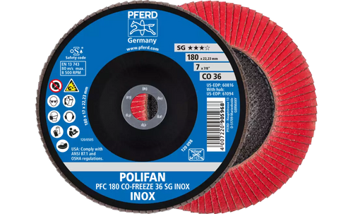 Pferd 60816 Polifan Flap Disc | 7/8" Arbor Hole | 7" Diameter | Ceramic Oxide 36 Grit | Type 29 | Sold by Box of 10