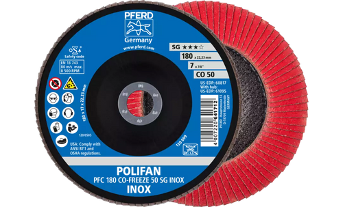 Pferd 60817 Polifan Flap Disc | 7/8" Arbor Hole | 7" Diameter | Ceramic Oxide 50 Grit | Type 29 | Sold by Box of 10