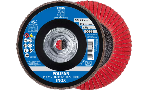 Pferd 61088 Polifan Flap Disc | 5/8-11" Arbor Hole | 4-1/2" Diameter | Ceramic Oxide 36 Grit | Type 29 | Sold by Box of 10