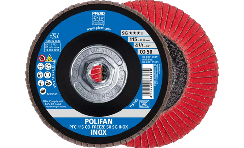 Pferd 61089 Polifan Flap Disc | 5/8-11" Arbor Hole | 4-1/2" Diameter | Ceramic Oxide 50 Grit | Type 29 | Sold by Box of 10