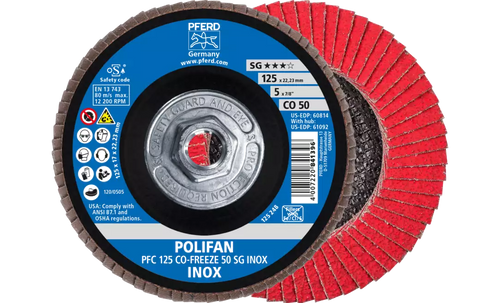 Pferd 61092 Polifan Flap Disc | 5/8-11" Arbor Hole | 5" Diameter | Ceramic Oxide 50 Grit | Type 29 | Sold by Box of 10