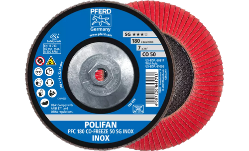 Pferd 61095 Polifan Flap Disc | 5/8-11" Arbor Hole | 7" Diameter | Ceramic Oxide 50 Grit | Type 29 | Sold by Box of 10
