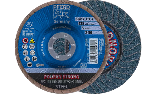 PFERD 62957 Polifan Flap Disc | 7/8" Arbor Hole | 5" Diameter | Aluminum Oxide 50 Grit | Conical | Sold by Box of 10 PFERD 62957 Polifan Flap Disc | 7/8" Arbor Hole | 5" Diameter | Aluminum Oxide 50 Grit | Conical | Sold by Box of 10