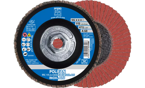 Pferd 62242 Polifan Flap Disc | 4-1/2" Diameter | 5/8-11" Arbor Hole | Aluminum Oxide 60 Grit | Type 29 | Sold by Box of 10