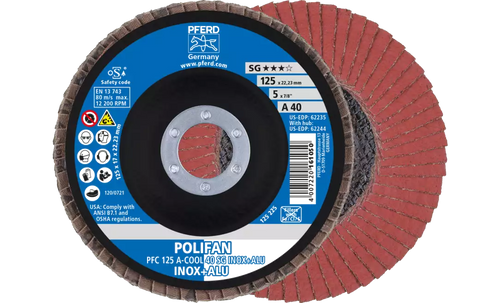 Pferd 62235 Polifan Flap Disc | 5" Diameter | 7/8" Arbor Hole | Aluminum Oxide 40 Grit | Type 29 | Sold by Box of 10