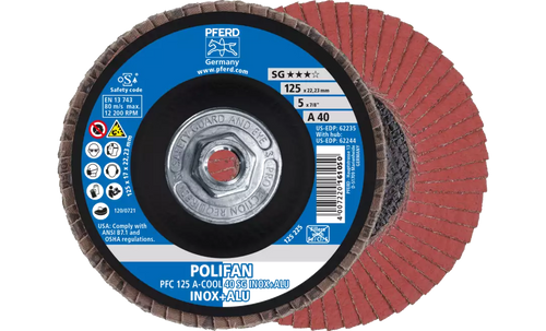 Pferd 62244 Polifan Flap Disc | 5" Diameter | 5/8-11" Arbor Hole | Aluminum Oxide 40 Grit | Type 29 | Sold by Box of 10