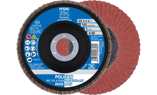 Pferd 62236 Polifan Flap Disc | 5" Diameter | 7/8" Arbor Hole | Aluminum Oxide 60 Grit | Type 29 | Sold by Box of 10