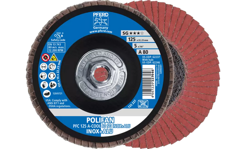 Pferd 62246 Polifan Flap Disc | 5" Diameter | 5/8-11" Arbor Hole | Aluminum Oxide 80 Grit | Type 29 | Sold by Box of 10