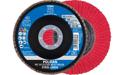 Pferd 62651 Polifan Flap Disc | 7/8" Arbor Hole | 4-1/2" Diameter | Ceramic Oxide 40 Grit | Type 29 | Sold by Box of 10
