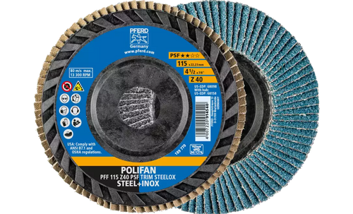 Pferd 68098 Polifan Flap Disc | 7/8" Arbor Hole | 4-1/2" Diameter | Zirconia Alumina 40 Grit | Type 27 | Sold by Box of 10