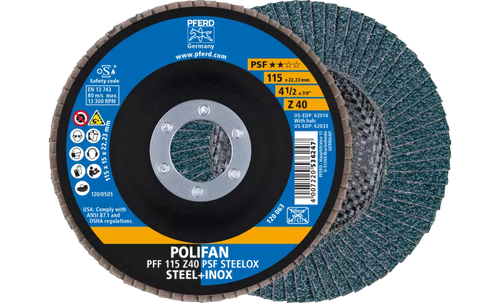 Pferd 62014 Polifan Flap Disc | 7/8" Arbor Hole | 4-1/2" Diameter | Zirconia Alumina 40 Grit | Type 27 | Sold by Box of 10