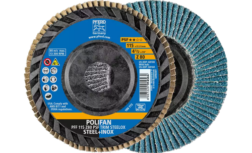 Pferd 68100 Polifan Flap Disc | 7/8" Arbor Hole | 4-1/2" Diameter | Zirconia Alumina 80 Grit | Type 27 | Sold by Box of 10