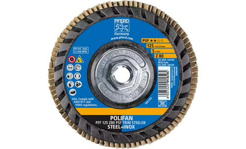 PFERD 68166 Polifan Flap Disc | 5/8-11" Arbor Hole | 5" Diameter | Zirconia Alumina 80 Grit | Flat | Sold by Box of 10