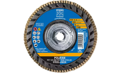 Pferd 68166 Polifan Flap Disc | 5/8-11" Arbor Hole | 5" Diameter | Zirconia Alumina 80 Grit | Type 27 | Sold by Box of 10