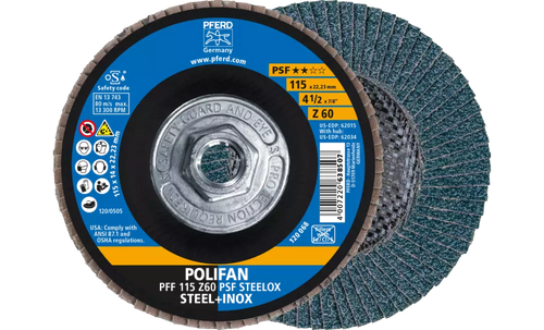 Pferd 62034 Polifan Flap Disc | 5/8-11" Arbor Hole | 4-1/2" Diameter | Zirconia Alumina 60 Grit | Type 27 | Sold by Box of 10