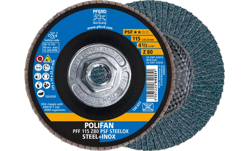 PFERD 62035 Polifan Flap Disc | 5/8-11" Arbor Hole | 4-1/2" Diameter | Zirconia Alumina 80 Grit | Flat | Sold by Box of 10 PFERD 62035 Polifan Flap Disc | 5/8-11" Arbor Hole | 4-1/2" Diameter | Zirconia Alumina 80 Grit | Flat | Sold by Box of 10