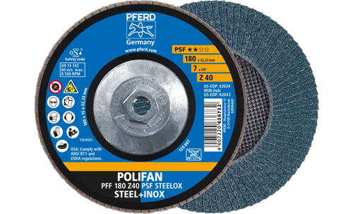 Pferd 62043 Polifan Flap Disc | 5/8-11" Arbor Hole | 7" Diameter | Zirconia Alumina 40 Grit | Type 27 | Sold by Box of 10