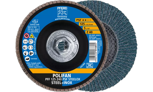 Pferd 63015 Polifan Flap Disc | 5/8-11" Arbor Hole | 5" Diameter | Zirconia Alumina 40 Grit | Type 27 | Sold by Box of 10