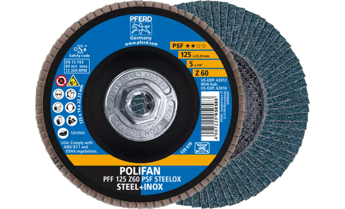 Pferd 63016 Polifan Flap Disc | 5/8-11" Arbor Hole | 5" Diameter | Zirconia Alumina 60 Grit | Type 27 | Sold by Box of 10