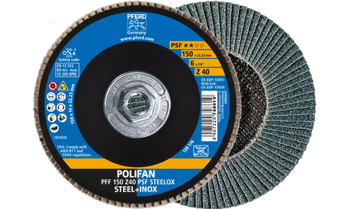Pferd 63056 Polifan Flap Disc | 5/8-11" Arbor Hole | 6" Diameter | Zirconia Alumina 40 Grit | Type 27 | Sold by Box of 10