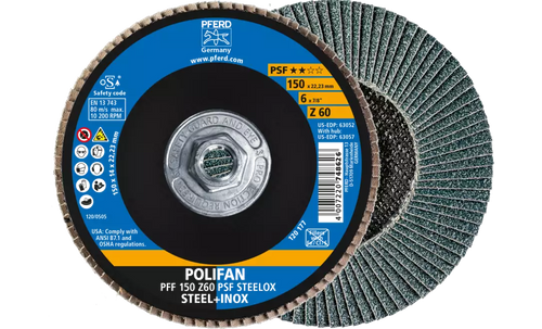 Pferd 63057 Polifan Flap Disc | 5/8-11" Arbor Hole | 6" Diameter | Zirconia Alumina 60 Grit | Type 27 | Sold by Box of 10