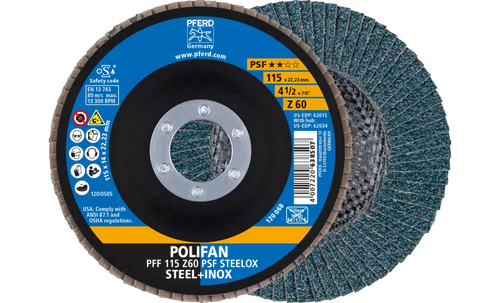 Pferd 62015 Polifan Flap Disc | 7/8" Arbor Hole | 4-1/2" Diameter | Zirconia Alumina 60 Grit | Type 27 | Sold by Box of 10