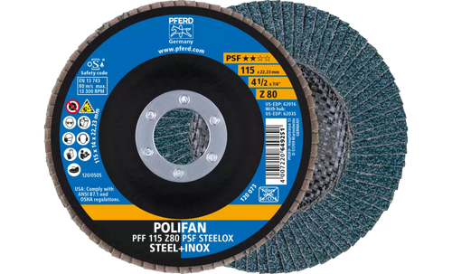Pferd 62016 Polifan Flap Disc | 7/8" Arbor Hole | 4-1/2" Diameter | Zirconia Alumina 80 Grit | Type 27 | Sold by Box of 10