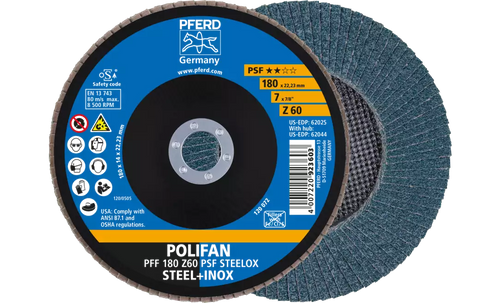 PFERD 62025 Polifan Flap Disc | 7/8" Arbor Hole | 7" Diameter | Zirconia Alumina 60 Grit | Flat | Sold by Box of 10
