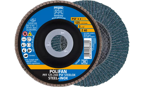 Pferd 63011 Polifan Flap Disc | 7/8" Arbor Hole | 5" Diameter | Zirconia Alumina 40 Grit | Type 27 | Sold by Box of 10