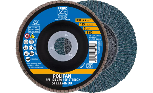 Pferd 63012 Polifan Flap Disc | 7/8" Arbor Hole | 5" Diameter | Zirconia Alumina 60 Grit | Type 27 | Sold by Box of 10