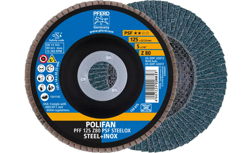 Pferd 63013 Polifan Flap Disc | 7/8" Arbor Hole | 5" Diameter | Zirconia Alumina 80 Grit | Type 27 | Sold by Box of 10