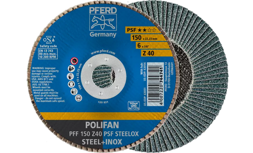 Pferd 63051 Polifan Flap Disc | 7/8" Arbor Hole | 6" Diameter | Zirconia Alumina 40 Grit | Type 27 | Sold by Box of 10