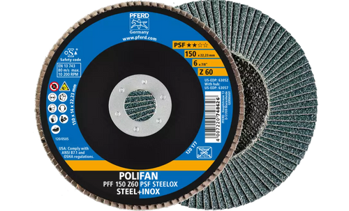 Pferd 63052 Polifan Flap Disc | 7/8" Arbor Hole | 6" Diameter | Zirconia Alumina 60 Grit | Type 27 | Sold by Box of 10
