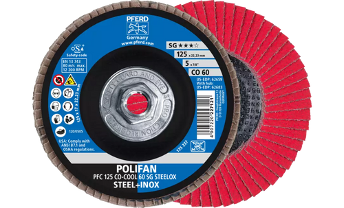 PFERD 62675 Polifan Flap Disc | 5/8-11" Arbor Hole | 4-1/2" Diameter | Ceramic Oxide 40 Grit | Conical | Sold by Box of 10 PFERD 62675 Polifan Flap Disc | 5/8-11" Arbor Hole | 4-1/2" Diameter | Ceramic Oxide 40 Grit | Conical | Sold by Box of 10