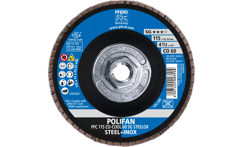 Pferd 62677 Polifan Flap Disc | 5/8-11" Arbor Hole | 4-1/2" Diameter | Ceramic Oxide 60 Grit | Type 29 | Sold by Box of 10