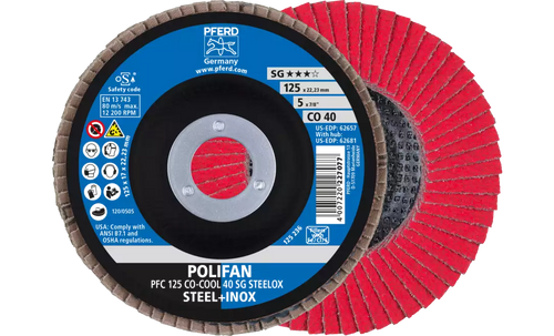 Pferd 62657 Polifan Flap Disc | 7/8" Arbor Hole | 5" Diameter | Ceramic Oxide 40 Grit | Type 29 | Sold by Box of 10