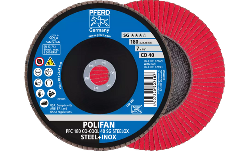 Pferd 62669 Polifan Flap Disc | 7/8" Arbor Hole | 7" Diameter | Ceramic Oxide 40 Grit | Type 29 | Sold by Box of 10