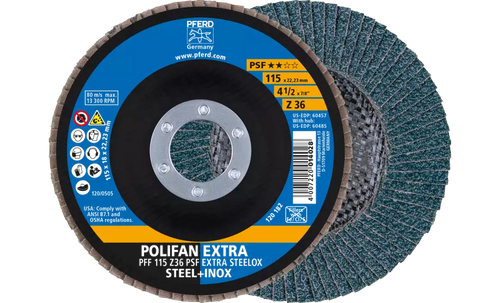 Pferd 60457 Polifan Flap Disc | 7/8" Arbor Hole | 4-1/2" Diameter | Zirconia Alumina 36 Grit | Type 27 | Sold by Box of 10