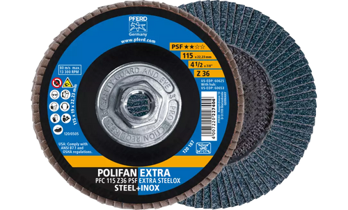 Pferd 60653 Polifan Flap Disc | 5/8-11" Arbor Hole | 4-1/2" Diameter | Zirconia Alumina 36 Grit | Type 29 | Sold by Box of 10
