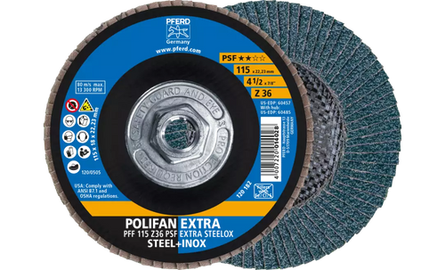 Pferd 60485 Polifan Flap Disc | 5/8-11" Arbor Hole | 4-1/2" Diameter | Zirconia Alumina 36 Grit | Type 27 | Sold by Box of 10