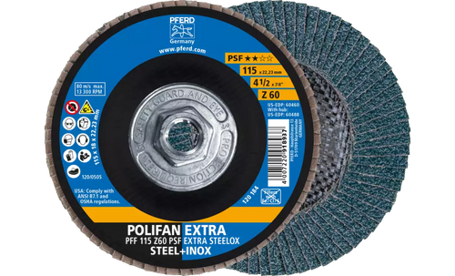 Pferd 60488 Polifan Flap Disc | 5/8-11" Arbor Hole | 4-1/2" Diameter | Zirconia Alumina 60 Grit | Type 27 | Sold by Box of 10