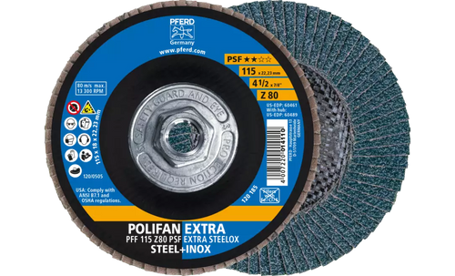 Pferd 60489 Polifan Flap Disc | 5/8-11" Arbor Hole | 4-1/2" Diameter | Zirconia Alumina 80 Grit | Type 27 | Sold by Box of 10