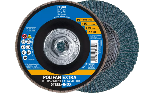 Pferd 60490 Polifan Flap Disc | 5/8-11" Arbor Hole | 4-1/2" Diameter | Zirconia Alumina 120 Grit | Type 27 | Sold by Box of 10