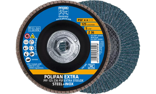 Pferd 60492 Polifan Flap Disc | 5/8-11" Arbor Hole | 5" Diameter | Zirconia Alumina 36 Grit | Type 27 | Sold by Box of 10