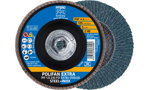 Pferd 60493 Polifan Flap Disc | 5/8-11" Arbor Hole | 5" Diameter | Zirconia Alumina 40 Grit | Type 27 | Sold by Box of 10
